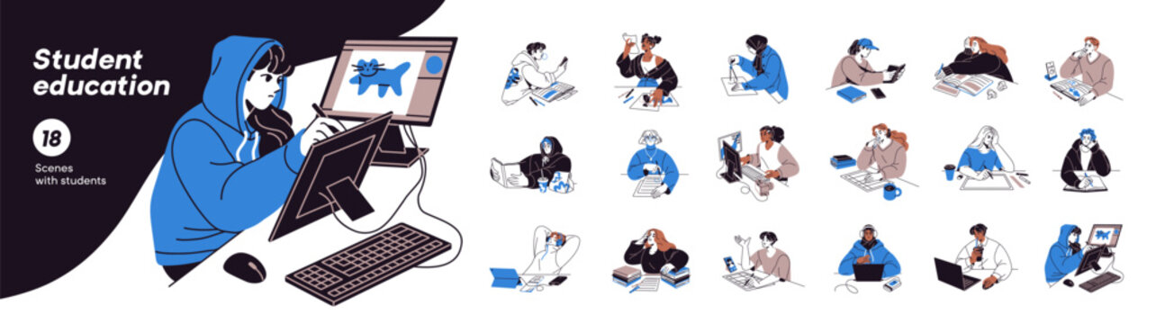 People study set. Students are learning, writing, reading, and drawing at the table. Men and women with books and computers go about business at the desk. Flat isolated vector illustrations on white