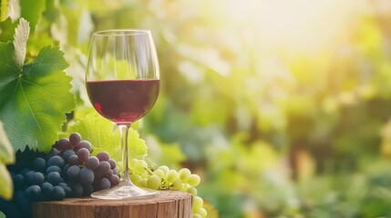 A Toast to the Vineyards: A glass of rich red wine sits elegantly amidst a lush vineyard, beside a cluster of ripe grapes, bathed in the warmth of the sun, and conveying the essence of a tranquil day.
