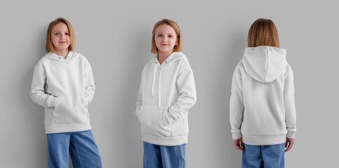 Mockup of white children's hoodie with pocket, hood, ties, on a cute girl, front , back view, for design, branding, print, pattern, advertising. Set