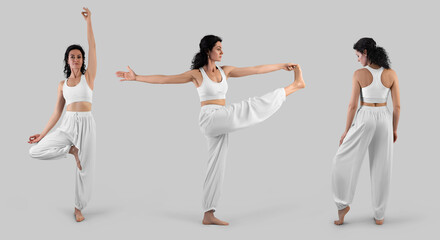 Mockup of white wide pants, top for yoga, loose clothing on trainer in asana, full height front, side, back view, isolated on background. Set.
