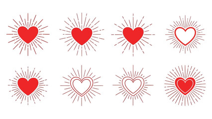 Collection of radiating hearts red and white designs on a white background