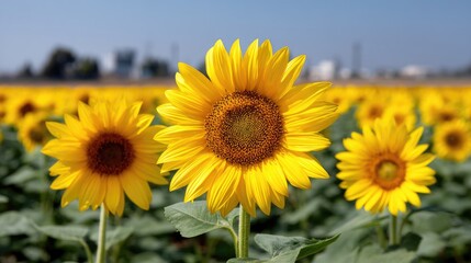 Fototapeta premium Vibrant Sunflower Field with Bright Yellow Blooms Against a Blue Sky in a Scenic Rural Landscape