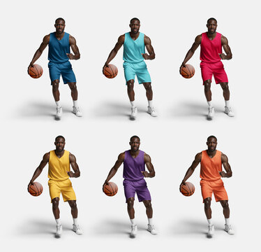 Mockup of bright, colored jerseys, shorts on a dark-skinned basketball player, dribble, AI generation, front view. Set