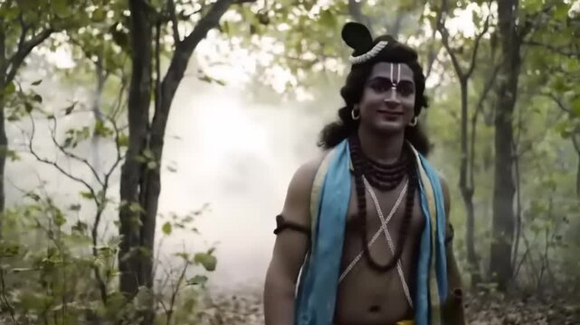 A man adorned in traditional Indian attire, featuring a blue sash and intricate jewelry, stands in a forest clearing with a serene expression