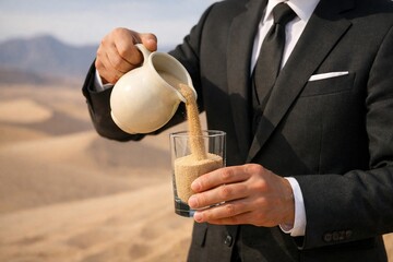 Sand of Time: Businessman Pouring Sand in Desert, Abstract Business Concept