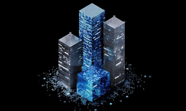 Isometric skyscrapers with a futuristic, data-driven design on a stark black backdrop - Powered by Adobe