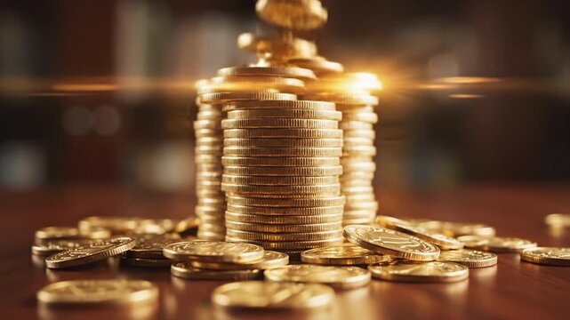 Gold coin stack coin pile shiny coin falling motion gold coin stack gold coin falling coin motion financial concept wealth concept money pile blurred background warm lighting tabletop surface macro