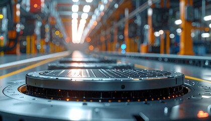 Automated Assembly Line in Action: An up-close view reveals a sophisticated, state-of-the-art production line, symbolizing the efficiency and innovation within industry. 