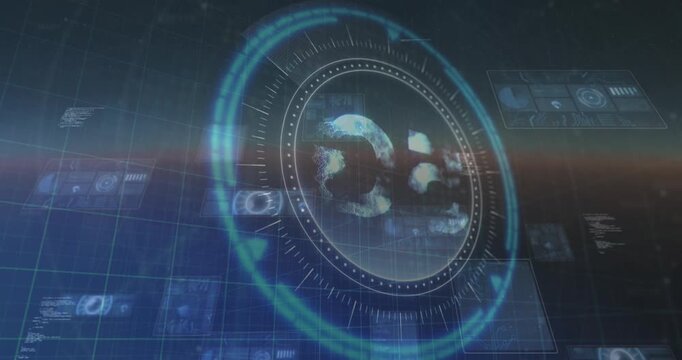 Animation of data processing on moving screens and scan scoping over blue background