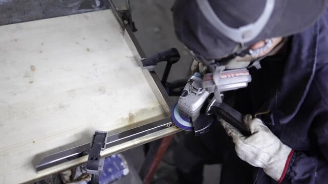 Metalworker in respirator mask and gloves grinding a steel surface with an angle grinder, focused on precise metal fabrication and safety in an industrial workshop setting