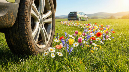 Green journey ahead A car tire meets a blooming path of colorful wildflowers stretching across a sunlit meadow, symbolizing eco-conscious travel and the beauty of nature