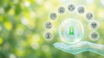 Digital glowing hand supports a vibrant human head with a full energy battery icon surrounded by diverse wellbeing and lifestyle balance symbols on a serene blurred green