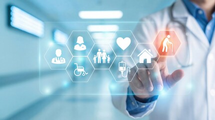 Male doctor in white lab coat touches virtual screen displaying diverse healthcare icons with senior care highlighted in modern hospital corridor under cool bright lighti
