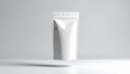 Clean white stand-up pouch mockup for versatile product packaging design, showcasing a blank flexible bag template for branding and marketing content, isolated on a minimal background
