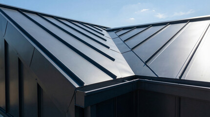 Sleek metallic standing seam roof of a contemporary building, showcasing modern architecture with sharp lines and geometric design under a clear sky