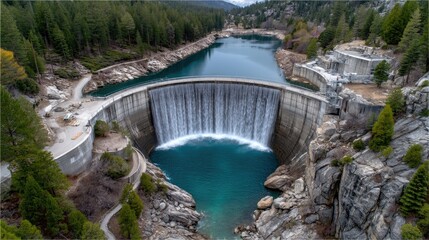 Obraz premium Scenic Aerial View of a Majestic Dam with Waterfall, Surrounded by Lush Forests and Calm Blue Waters, Capturing Nature's Powerful Beauty