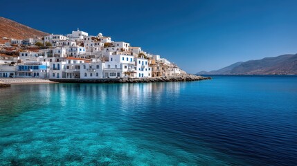 Obraz premium Serene Coastal Village with Whitewashed Houses and Crystal Clear Waters in a Beautiful Mediterranean Landscape