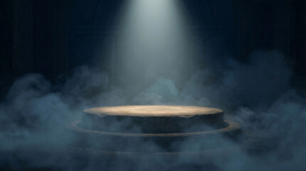 Dramatic spotlight illuminates an empty circular stage amidst mysterious smoke and fog, creating a captivating backdrop for product presentation or virtual event