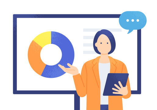 市場シェアや比率を解説。円グラフとタブレットを持つ女性アナリストのイラスト素材。