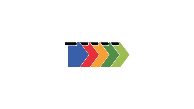 Horizontal sequence of five connected colorful arrows depicting a progression or process.