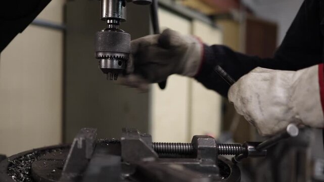 Worker operating a powerful drill press machine, drilling a hole into a metal workpiece held securely in a vise on the workshop floor, creating metal shavings