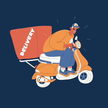 Cartoon vector illustration of a male delivery courier riding a scooter with a delivery box, fast efficient service against dark background