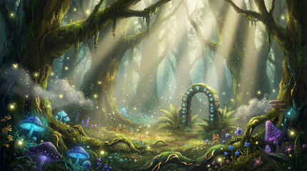 Mystical Enchanted Forest Landscape Bathed in Ethereal Sunlight, Featuring Ancient Moss-Covered Trees and Glowing Fairy Tale Flora