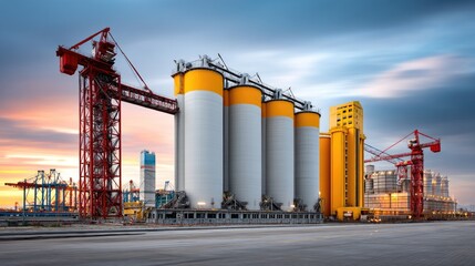 Obraz premium Industrial facility with large silos and cranes against a vibrant sunset sky in a bustling urban port environment with modern architecture
