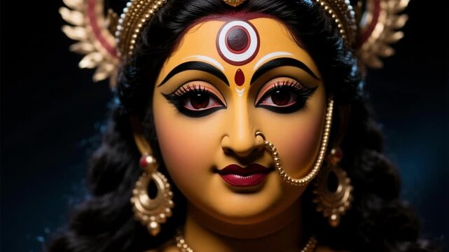 Cinematic Close Up Face of Goddess Kali with Silent Intensity and Primal Presence Isolated on Dark Void Background Slow Motion 4K Hindu Religion