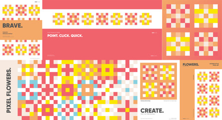 Naklejka premium Pixel Flowers Patterns Style Set, Colorful Spring Mosaic Grid Templates for Posters, Flyers and Modern Branding