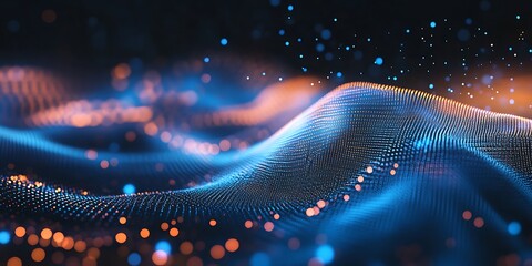 Abstract blue and orange wavy pattern with floating particles in a dark background design art