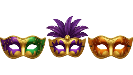 Mardi gras colorful masks isolated on transparent background