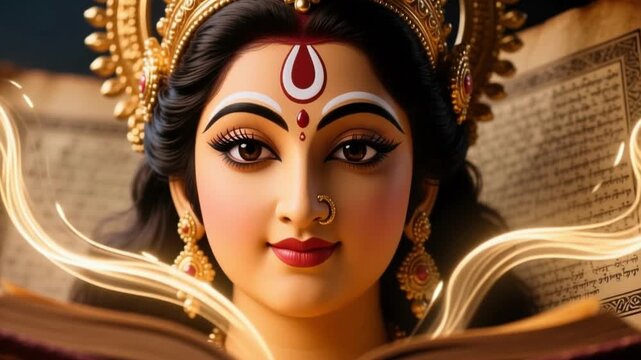Close Up Face of Goddess Saraswati with Knowledge Aura and Ancient Manuscripts Background Isolated in Slow Motion 4K Hindu Religious Education Video