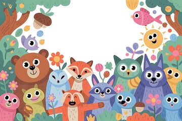 Naklejka premium a group of cartoon animals and flowers in a forest with a white background