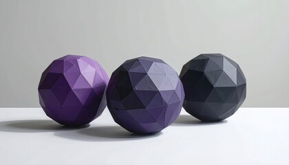 Three low-poly 3D spheres with polygonal facets placed side by side on dark surface, colored dark gray, mixed purple, and vibrant purple, lit to emphasize angular geometry and modern abstract depth.
