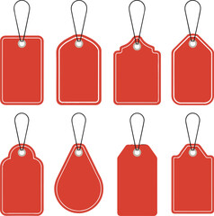 A collection of blank red price tags with various shapes and hanging strings on a white background. The image features a clean, vector-style illustration of eight distinct red price tags or labels