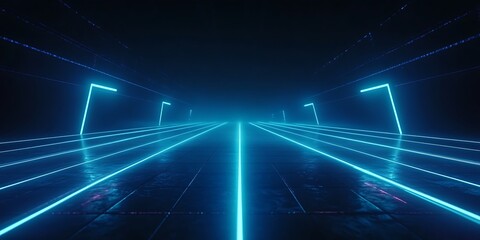 Abstract blue neon lights creating a futuristic tunnel with perspective and dark background appearance