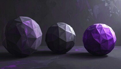 Fototapeta premium Three low-poly 3D spheres with polygonal facets placed side by side on dark surface, colored dark gray, mixed purple, and vibrant purple, lit to emphasize angular geometry and modern abstract depth.