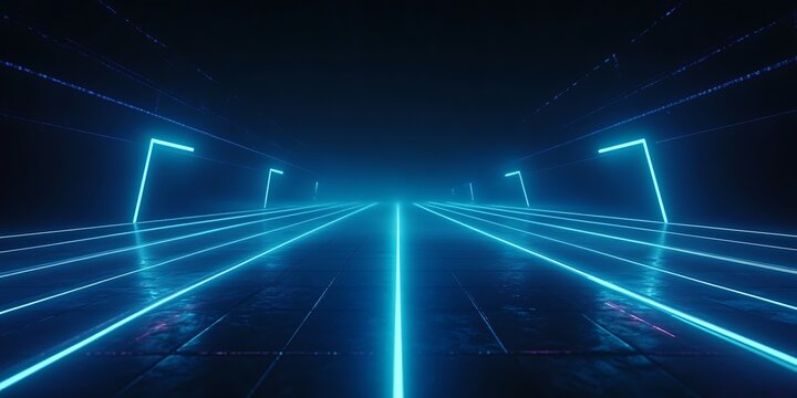 Abstract blue neon lights creating a futuristic tunnel with perspective and dark background appearance - Powered by Adobe