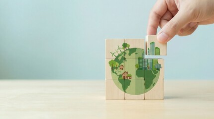 A human hand carefully places a wooden block depicting green city buildings onto an earth puzzle on a light wooden table against a soft blue background promoting sustaina