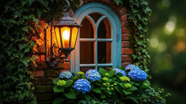 Enchanting Window: A quaint window framed by climbing vines and vibrant blue flowers, illuminated by a warm, inviting lantern, evoking a sense of charm and tranquility.