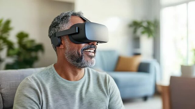 Immersive VR Experience: A cheerful older man embraces the future of entertainment by wearing a virtual reality headset, exploring digital environments with a sense of wonder.