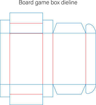 Professional vector board game box dieline layout with red fold lines and blue cut lines for printing and packaging design