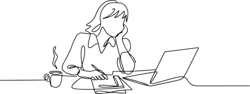 One single line drawing of young pensive female employee works overtime to finish writing company draft business proposal. Business agreement concept. one line Icon drawing