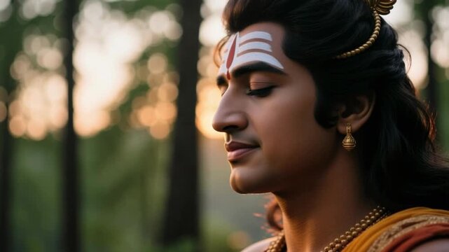 Close Up Face of Lord Ram Showing Gentle Compassion with Forest Sunrise Background Isolated in Slow Motion 4K Hindu Moral Clarity and Peace Concept