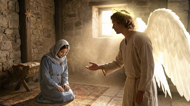 Archangel Gabriel with White Wings Appearing to Kneeling Virgin Mary in Rustic Room Announcing Birth of Jesus Depicting The Annunciation Biblical Scene