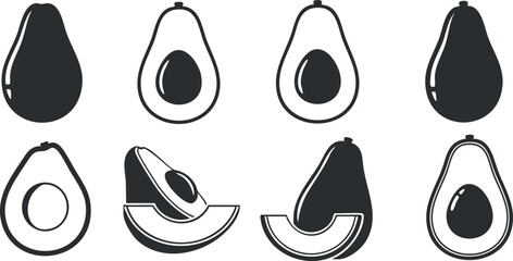 Set of minimalist black and white vector illustrations of avocados, featuring whole and sliced variations for food design projects