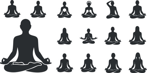 Silhouette vector icon set featuring various meditation poses for wellness and mindfulness projects
