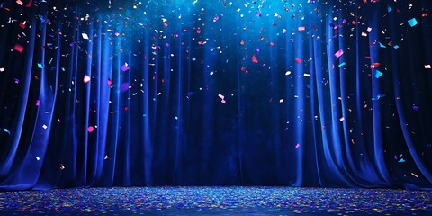 A stage with blue curtains and confetti falling down in a celebratory atmosphere of a performance