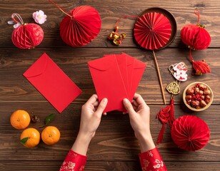 Top-Down Hands Arranging Red Envelopes for Chinese New Year